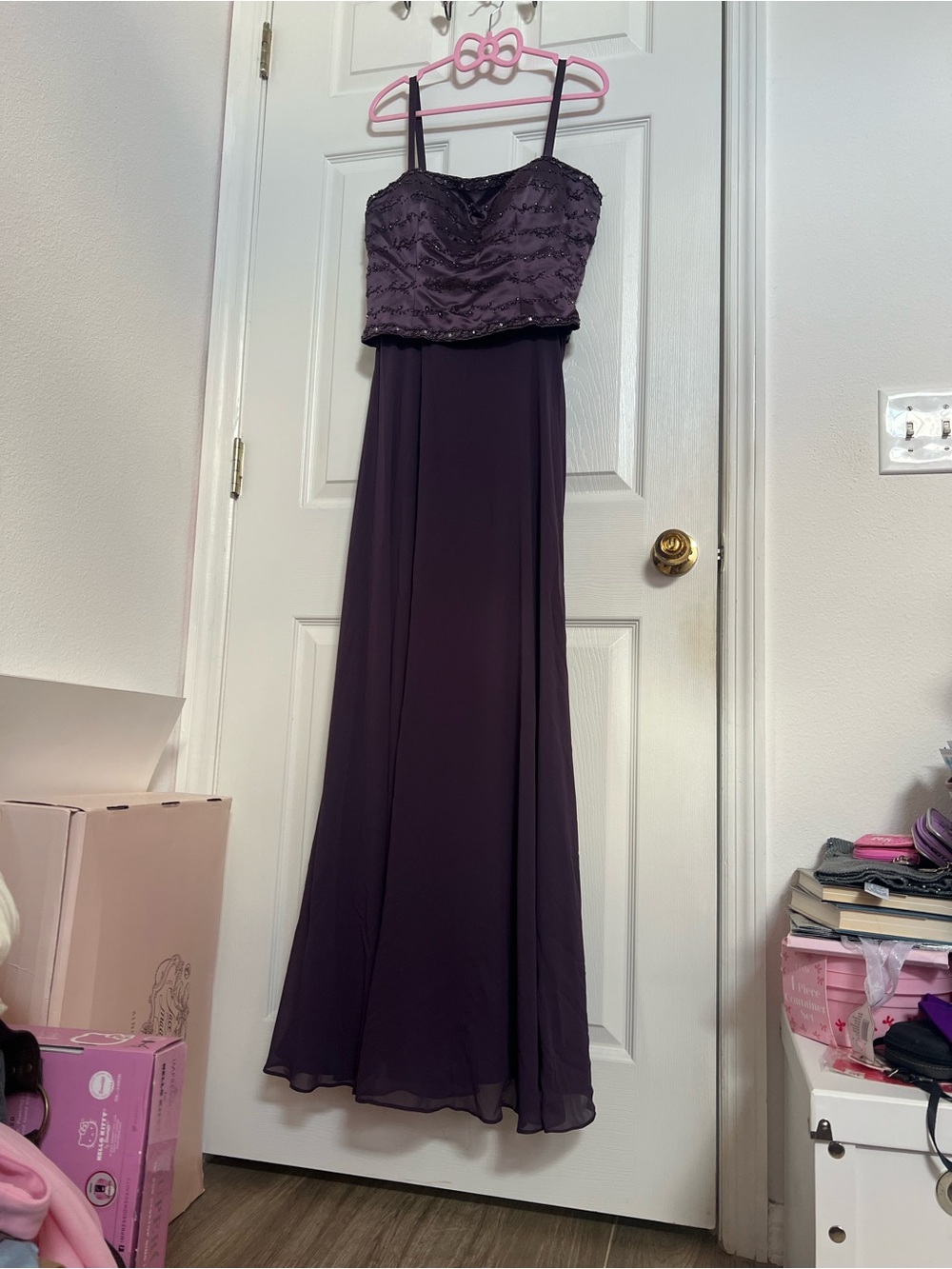 Cassandra Stone Beaded Spaghetti-Strap Maxi Dress in Deep Plum